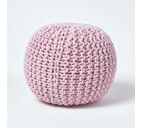 HOMESCAPES Round Cotton Knitted Pouffe Footstool Bean Filled Hand Knitted - Pastel Pink