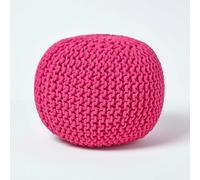 HOMESCAPES Hot Pink Knitted Pouffe Footstool Bean Filled 100% Cotton for Living Room Children or the Elderly