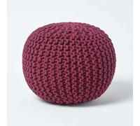 HOMESCAPES Round Cotton Knitted Pouffe Footstool Bean Filled Hand Knitted - Plum