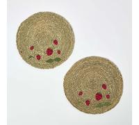 HOMESCAPES Round Strawberry Bulrush Placemats, Set of 2