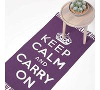 HOMESCAPES Rugs For Bedroom, Handwoven 'Keep Calm and Carry On' Nostalgic Purple & White Living Room Area Rug, Ultra Soft 100% Cotton Carpet, Hand Block Printed - 60 x 100 cm