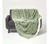 HOMESCAPES Patterned Sherpa Fleece Throw Blanket - Soft Velvet Sofa Throw, Warm Fluffy Blanket For Beds, Thick & Cosy Reversible Blankets, Triangular Geometric Design - Sage Green, 160 x 200cm