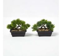 HOMESCAPES Set of 2 Artificial Bonsai Trees in Decorative Pots, 15 cm Tall