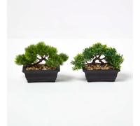 HOMESCAPES Set of 2 Artificial Bonsai Trees in Decorative Pots, 15 cm Tall