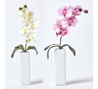 HOMESCAPES Set of 2 Artificial Cream & Pink Orchids in Thin Cream Case with Lifelike Leaves & Real Wood Stems Faux Plant for Indoor Decoration