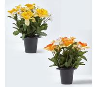 HOMESCAPES Set of 2 Artificial Grave Vases Orange Yellow & White Daisy & Narcissus Daffodils Grave Flowers in Grave Vase/Grave Pot, 30cm