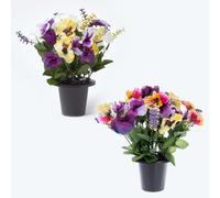 HOMESCAPES Set of 2 Artificial Grave Vases with Cream Yellow & Purple Rose & Pansy Faux Flowers Grave Flowers in Black Pot, 30 cm