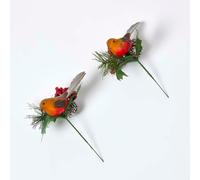 HOMESCAPES Set of 2 Artificial Robin and Foliage Picks, 18 cm