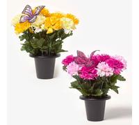 HOMESCAPES Set of 2 Yellow & Pink Carnation Grave Vases Artificial Grave Flowers with Butterfly Decoration in Grave Vase/Pot, 30 cm