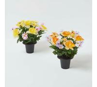 Homescapes Set of 2 Daisy & Daffodil Artificial Flowers in Grave Pot Homescapes Multicolor