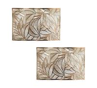 HOMESCAPES Set of 2 Gold Floral Leaf Placemats 100% PVC Wipeable Dinner Mats