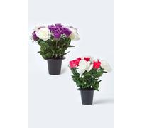 HOMESCAPES Set of 2 Artificial Grave Vases White Pink & Purple Rose Grave Flowers in Black Pot, 30 cm