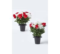 HOMESCAPES Set of 2 Artificial Grave Vases with Red & White Peony & Rose Faux Flowers Grave Flowers in Black Pot, 30 cm
