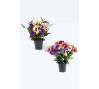 Set of 2 Purple & Yellow Pansy & Roses Artificial Flowers in Grave Vases