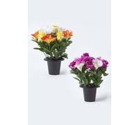 HOMESCAPES Set of 2 Artificial Grave Vases with Yellow, Purple & White Peony & Lilies Faux Flowers Grave Flowers in Black Pot, 30 cm