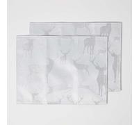 HOMESCAPES Set of 2 Sparkling Silver Christmas Placemats with Stag Xmas Pattern