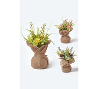 Set of 3 Pink, Purple & Yellow Artificial Daisies in Rustic Burlap Pots