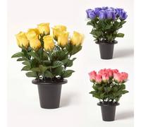 Artificial Pink, Yellow and Purple Rosebuds with Gypsophila in Grave Vase, Set of 3