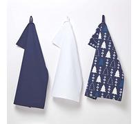 HOMESCAPES Set of 3 Blue Tea Towels Christmas Tree Pattern 100% Cotton Christmas Winterland Super Absorbent Xmas Kitchen Towels