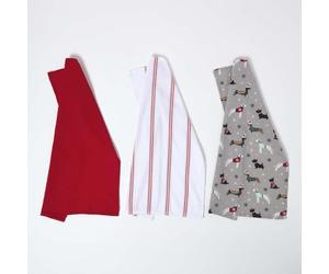 HOMESCAPES Set of 3 Christmas Tea Towels, Premium 100% Cotton Kitchen Dish Towels, Super Soft & Absorbent for Drying Cleaning Baking, Festive Red & White Christmas Dogs, Washable T Towels