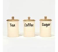 HOMESCAPES Tea Coffee and Sugar Canisters Set, Set of 3 White Decorative Kitchen Food Storage Jars, Galvanised Iron Kitchen Organiser Containers With Wooden Lids for Dry Ingredients - 10 x 17cm