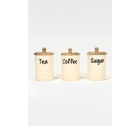 HOMESCAPES Tea Coffee and Sugar Canisters Set, Set of 3 White Decorative Kitchen Food Storage Jars, Galvanised Iron Kitchen Organiser Containers With Wooden Lids for Dry Ingredients - 10 x 17cm