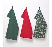 HOMESCAPES Set of 3 Green Tea Towels 100% Cotton Christmas Pattern Festive Forest Super Absorbent Floral Xmas Kitchen Towels