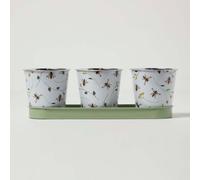 Homescapes Set Of 3 Green & White Indoor Plant Pots With Floral Bee Design, 32 X 10.9 Cm