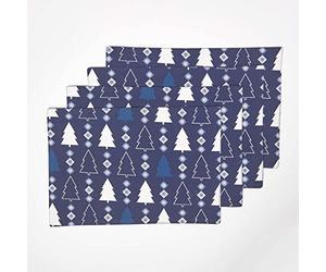 HOMESCAPES Set of 4 Blue Christmas Placemats 100% Cotton “Blue Winterland” Patterned Christmas Tree Xmas Dinner Mats