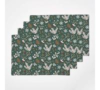 HOMESCAPES Set of 4 Green Christmas Placemats 100% Cotton “Festive Forest” Floral Patterned Xmas Dinner Mats