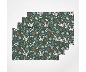 HOMESCAPES Set of 4 Green Christmas Placemats 100% Cotton “Festive Forest” Floral Patterned Xmas Dinner Mats