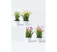 HOMESCAPES Set of 4 Artificial Calla Lily Flowers Pink Purple & White Faux Calla Lilies Potted Plant in White Pot, 25 cm Tall