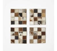 HOMESCAPES Set of 4 Real Leather Coasters Brown Natural Hide Block Check Drinks Coasters with Non-Slip Heat Resistant Back 10 x 10 cm Square Mats