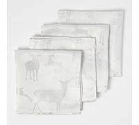 HOMESCAPES Set of 4 Sparkling Silver Christmas Napkins with Stag Xmas Pattern