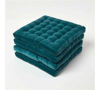 HOMESCAPES Set of 4 Teal Green Velvet Seat Pads for Dining Chair 40 x 40 cm Super Soft 100% Cotton Quilted Velvet Chair Pads with Straps Indoor & Outdoor Garden Use for Lasting Comfort & Support