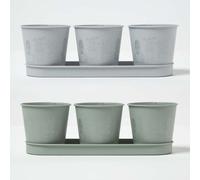 HOMESCAPES Small Plant Pots, Floral Pattern, Set of 3 Tiny Flower Pots on a Tray, Zinc & Tin, Plant Gifts, For Herbs, Succulents, Flowers, Indoor & Outdoor Garden Decor -35 x 10.8 x 10.8cm