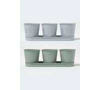 Homescapes Set Of 6 Herb Pots With Tray, Grey & Green Green One Size