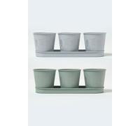 Set of 6 Herb Pots with Tray, Grey & Green Homescapes Green One Size