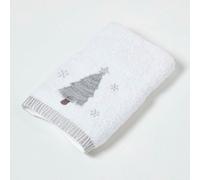 HOMESCAPES Christmas Tree Embroidered Christmas Towel 100% Cotton White Hand Towel with Decorative Silver Tree Festive Design SIZE Guest Towel for Bathroom or Xmas Gift