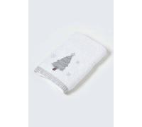 Homescapes Silver Christmas Tree Embroidered 100% Cotton Hand Towel In White White Hand Towel