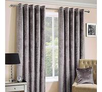 HOMESCAPES Silver Crushed Velvet Lined Curtain Pair 66 x 72 Inch Drop (167 x 182 cm) Luxury Heavy Weight Contemporary Neutral Eyelet Curtains