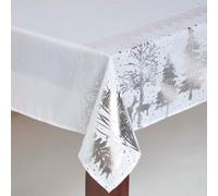 HOMESCAPES Christmas Tablecloth, Rectangular Cotton Xmas Table Cloth, Handcrafted & Durable Festive Dining Table Cover with Hem Stitch, Hypoallergenic, Washable, Sparkling Silver Tree -137x178cm