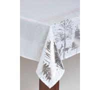 HOMESCAPES Christmas Tablecloth, Rectangular Cotton Xmas Table Cloth, Handcrafted & Durable Festive Dining Table Cover with Hem Stitch, Hypoallergenic, Washable, Sparkling Silver Tree -137x178cm