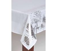 HOMESCAPES Christmas Tablecloth, Rectangular Cotton Xmas Table Cloth, Handcrafted & Durable Festive Dining Table Cover with Hem Stitch, Hypoallergenic, Washable, Sparkling Silver Tree -137x274cm