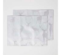 HOMESCAPES Set of 2 Sparkling Silver Christmas Placemats with Stag Xmas Pattern