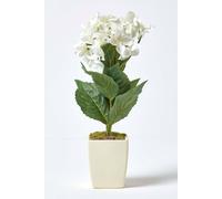 HOMESCAPES Cream Hydrangea Artificial Plant in Mat Cream Pot, 38cm tall Indoor Faux Flower