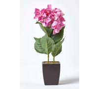 HOMESCAPES Pink Hydrangea Artificial Plant in Mat Black Pot, 38cm tall Indoor Faux Flower