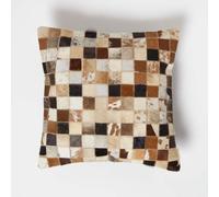 Homescapes Small Block Check Brown & Cream Leather Cushion 45 X 45 Cm