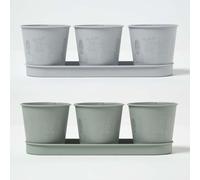 HOMESCAPES Small Plant Pots, Floral Pattern, Set of 3 Tiny Flower Pots on a Tray, Zinc & Tin, Plant Gifts, For Herbs, Succulents, Flowers, Indoor & Outdoor Garden Decor -35 x 10.8 x 10.8cm