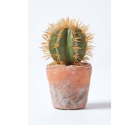 Homescapes Artificial Green Handcrafted Small Round Cactus In Terracotta Pot, 15 Cm